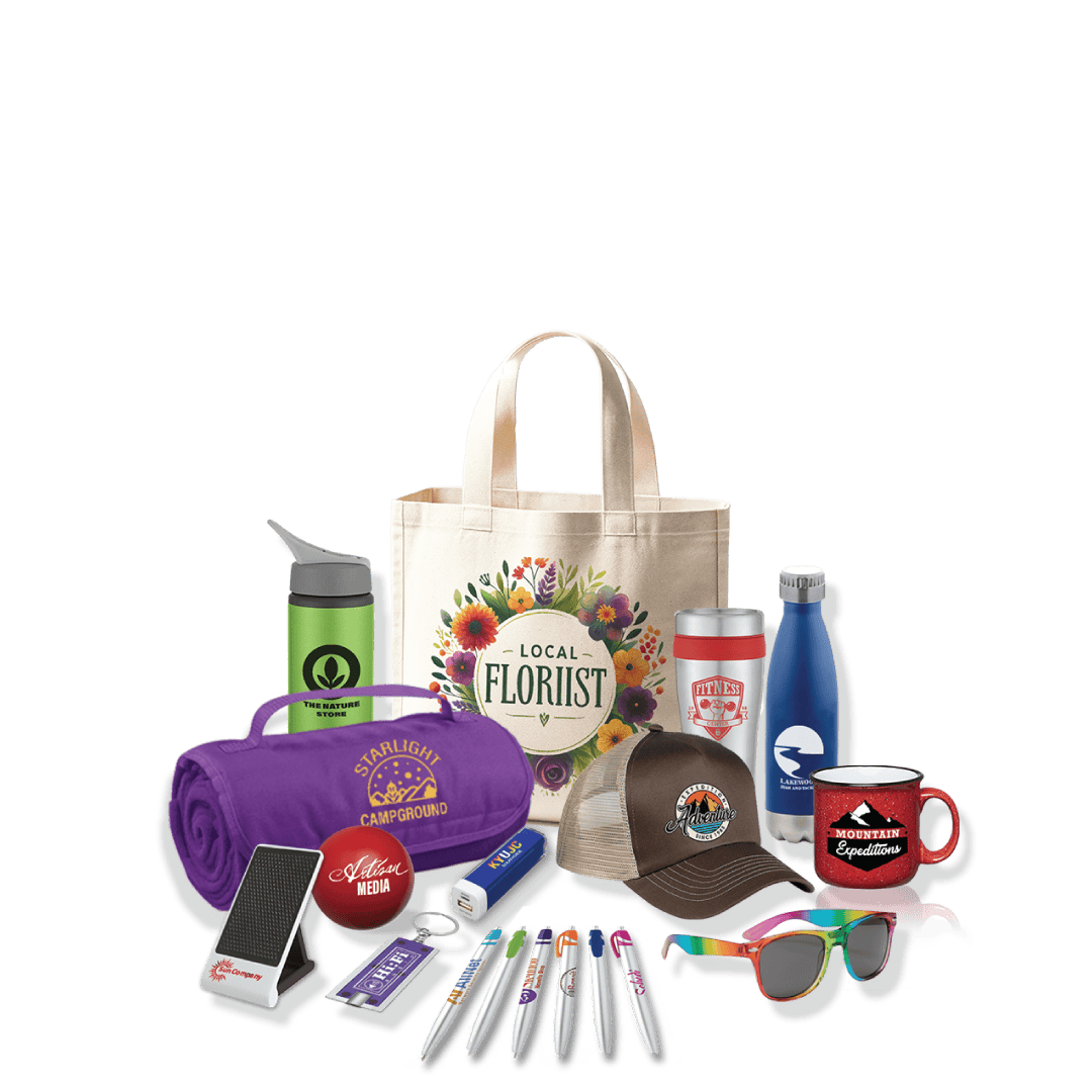 Collage showing some of the most popular promotional products or swag