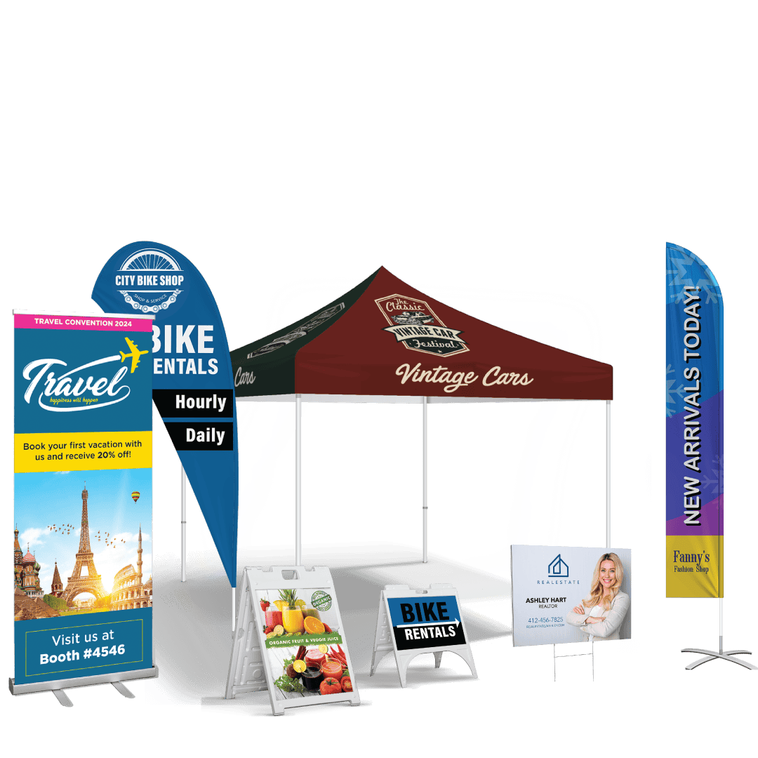 Collage showing some roll-up banners, tent, and promotional flags